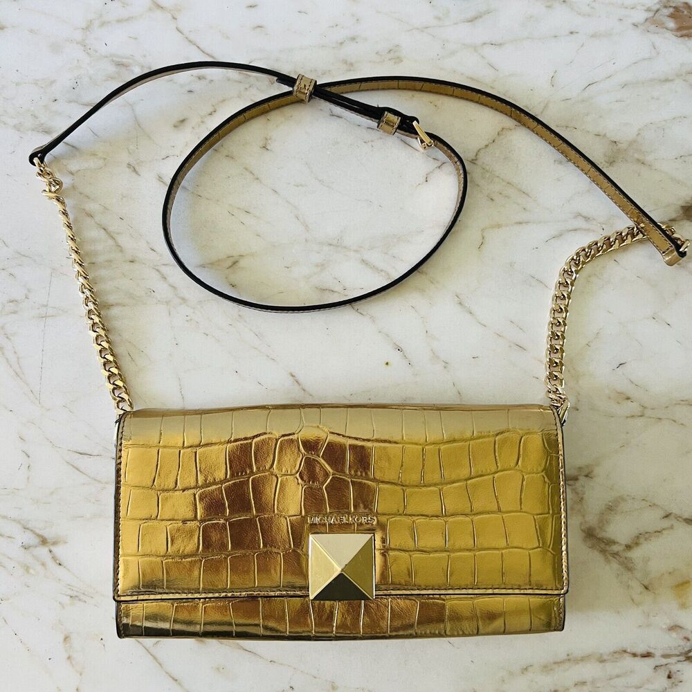 MICHAEL KORS Karla Gold Embossed Leather Clutch Chain Crossbody Bag